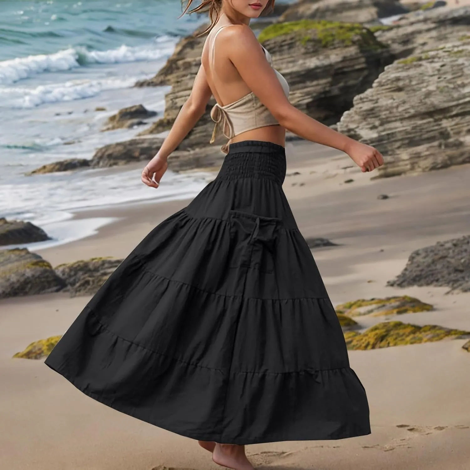 Lmdudan Women's Maxi Skirts Bohemia Tiered A-Line Skirt Smocked Elastic Waist Ankle Length Flowy Skirts Vacation Clothes