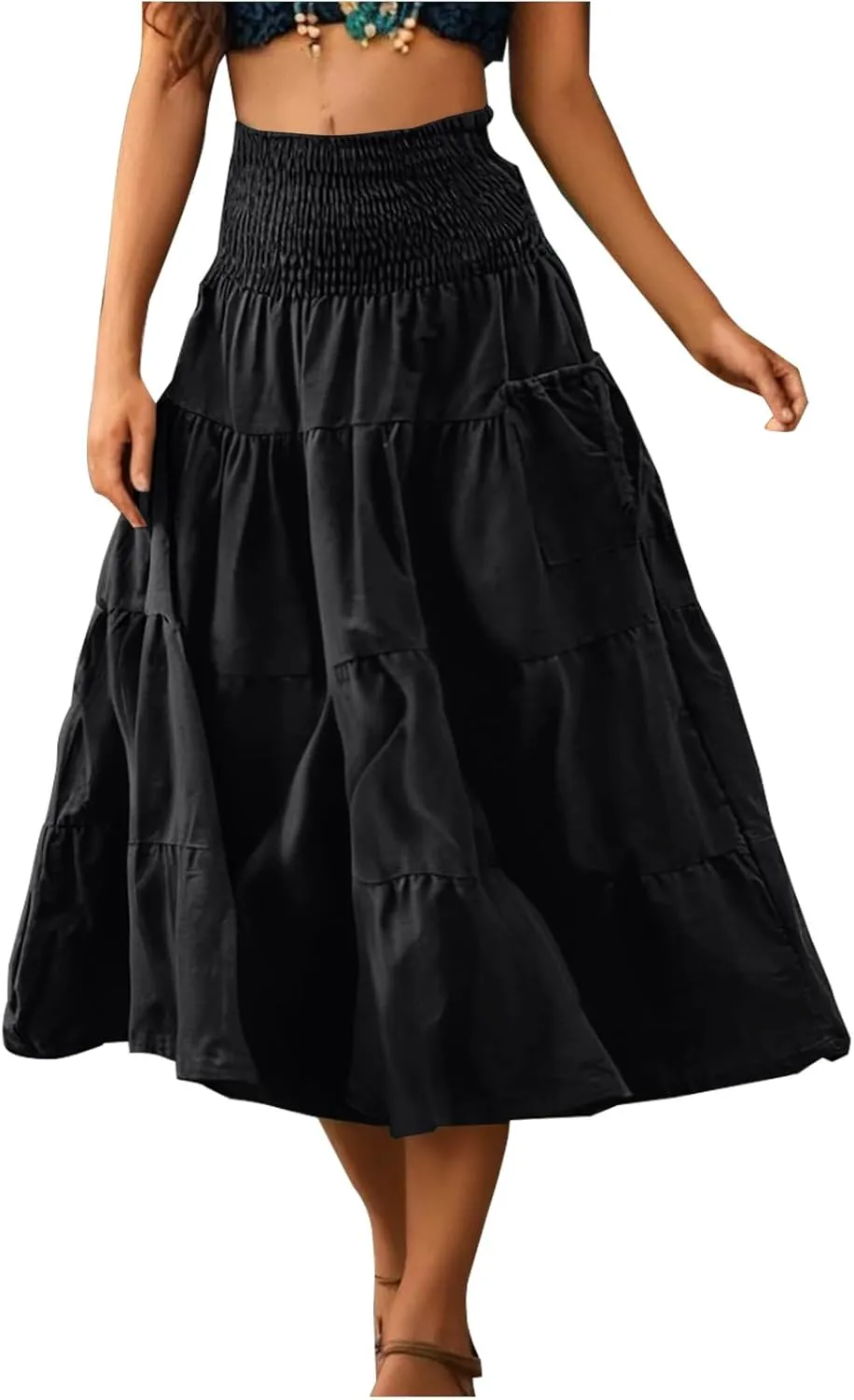 Lmdudan Women's Maxi Skirts Bohemia Tiered A-Line Skirt Smocked Elastic Waist Ankle Length Flowy Skirts Vacation Clothes