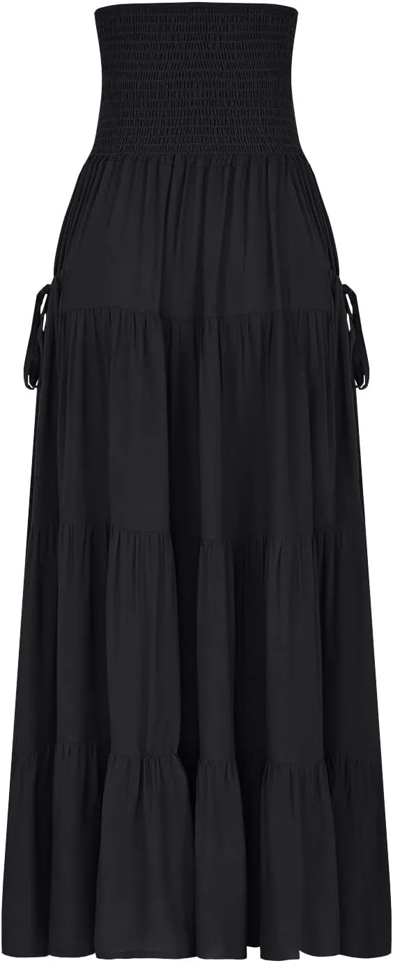 Lmdudan Women's Maxi Skirts Bohemia Tiered A-Line Skirt Smocked Elastic Waist Ankle Length Flowy Skirts Vacation Clothes