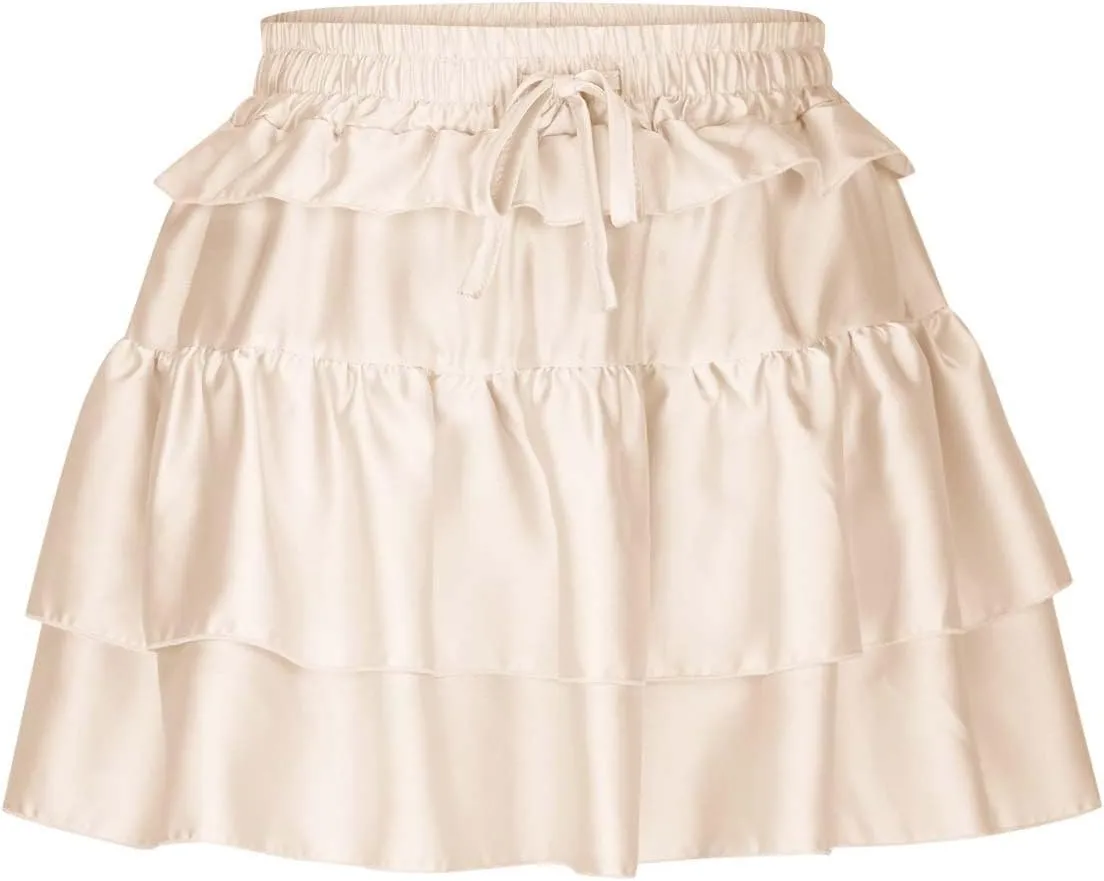 Lmdudan Y2K Mini Skirt for Women Sexy Pleated Layered Ruffle Hem Flowy Skirt Lace Up Elastic High Waisted Short Skirts