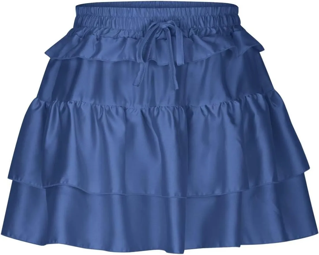 Lmdudan Y2K Mini Skirt for Women Sexy Pleated Layered Ruffle Hem Flowy Skirt Lace Up Elastic High Waisted Short Skirts