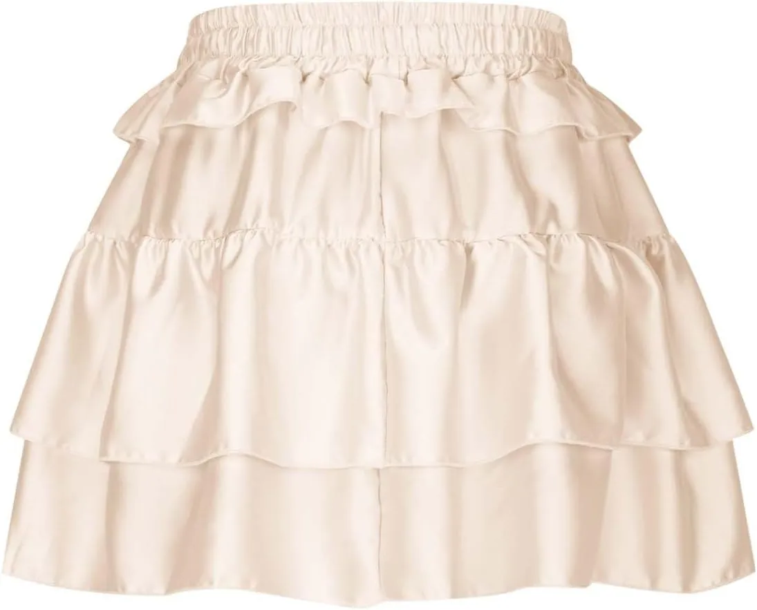 Lmdudan Y2K Mini Skirt for Women Sexy Pleated Layered Ruffle Hem Flowy Skirt Lace Up Elastic High Waisted Short Skirts