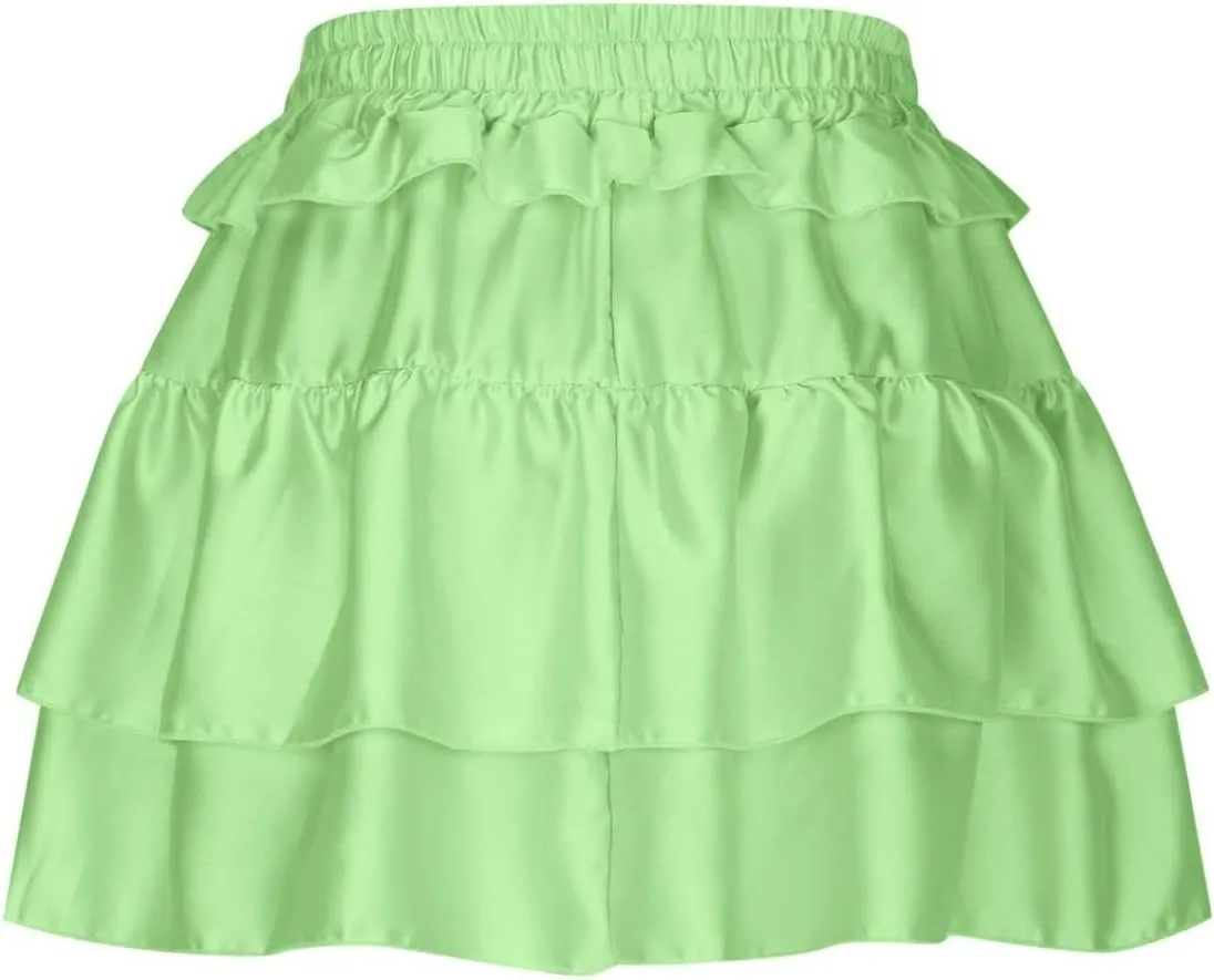 Lmdudan Y2K Mini Skirt for Women Sexy Pleated Layered Ruffle Hem Flowy Skirt Lace Up Elastic High Waisted Short Skirts