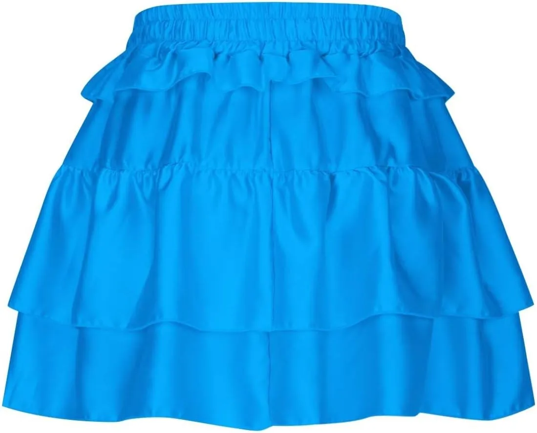 Lmdudan Y2K Mini Skirt for Women Sexy Pleated Layered Ruffle Hem Flowy Skirt Lace Up Elastic High Waisted Short Skirts