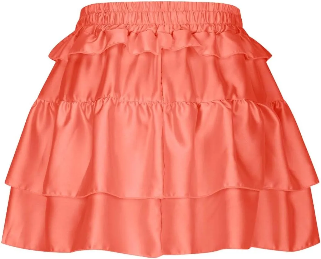 Lmdudan Y2K Mini Skirt for Women Sexy Pleated Layered Ruffle Hem Flowy Skirt Lace Up Elastic High Waisted Short Skirts