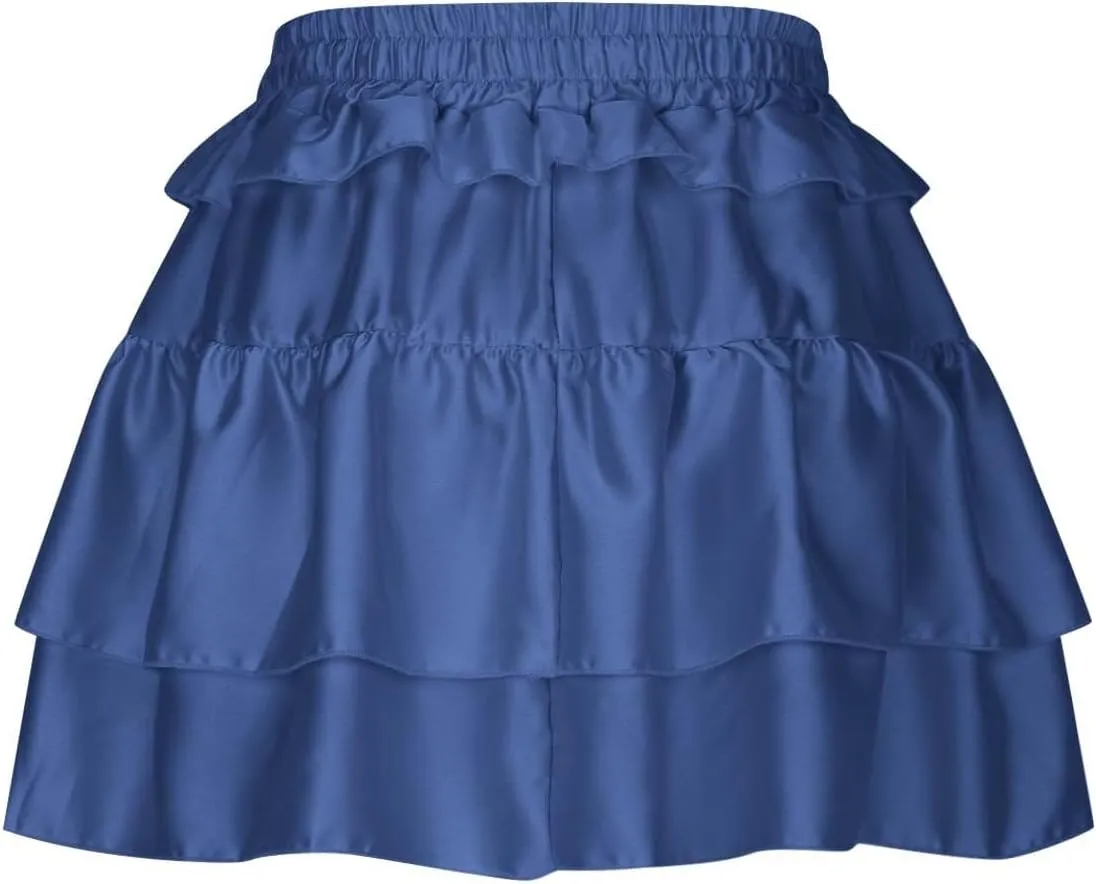 Lmdudan Y2K Mini Skirt for Women Sexy Pleated Layered Ruffle Hem Flowy Skirt Lace Up Elastic High Waisted Short Skirts