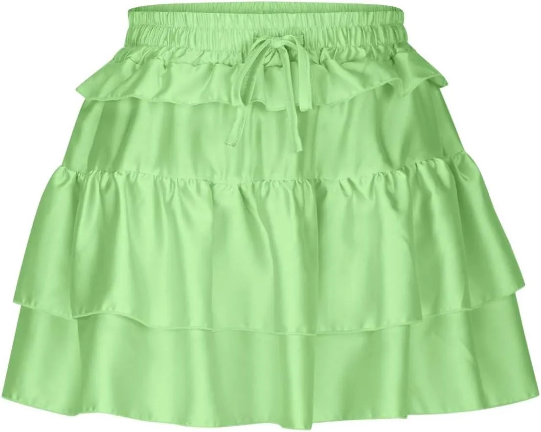 Lmdudan Y2K Mini Skirt for Women Sexy Pleated Layered Ruffle Hem Flowy Skirt Lace Up Elastic High Waisted Short Skirts