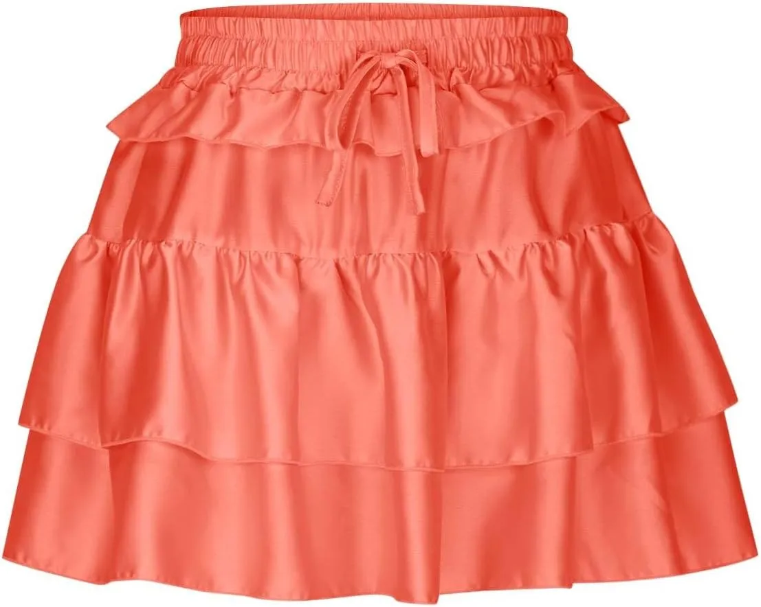 Lmdudan Y2K Mini Skirt for Women Sexy Pleated Layered Ruffle Hem Flowy Skirt Lace Up Elastic High Waisted Short Skirts