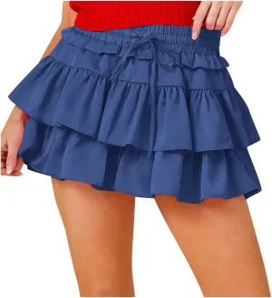 Lmdudan Y2K Mini Skirt for Women Sexy Pleated Layered Ruffle Hem Flowy Skirt Lace Up Elastic High Waisted Short Skirts