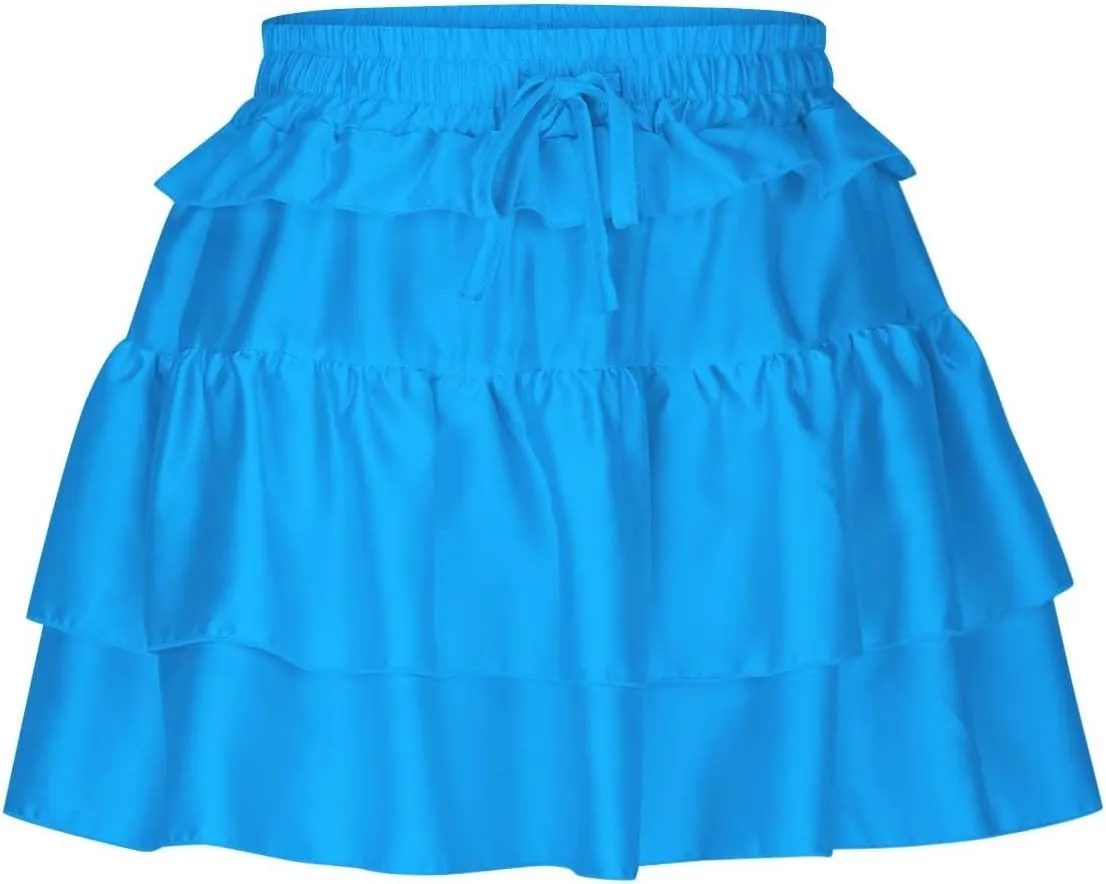 Lmdudan Y2K Mini Skirt for Women Sexy Pleated Layered Ruffle Hem Flowy Skirt Lace Up Elastic High Waisted Short Skirts