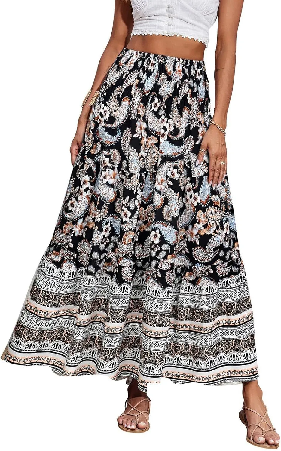 Long Boho Skirts for Women Summer Tiered Floral Maxi Skirt Elastic High Waisted A Line Skirt Pleated Flowy Beach Skirts