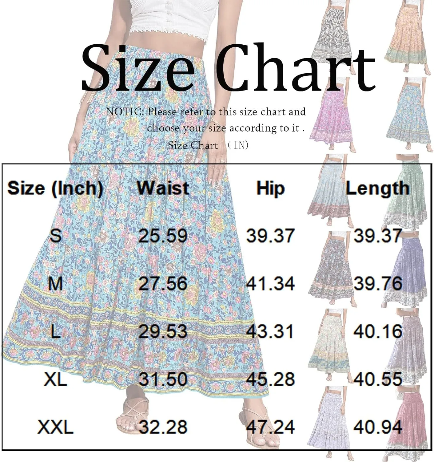 Long Boho Skirts for Women Summer Tiered Floral Maxi Skirt Elastic High Waisted A Line Skirt Pleated Flowy Beach Skirts