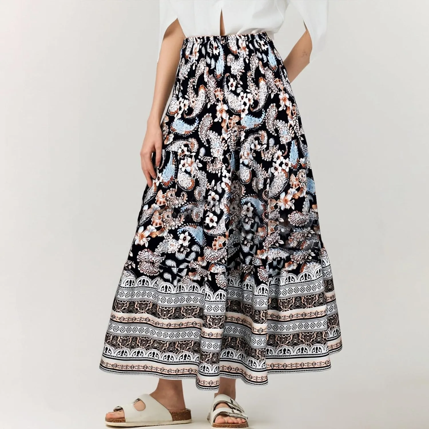 Long Boho Skirts for Women Summer Tiered Floral Maxi Skirt Elastic High Waisted A Line Skirt Pleated Flowy Beach Skirts
