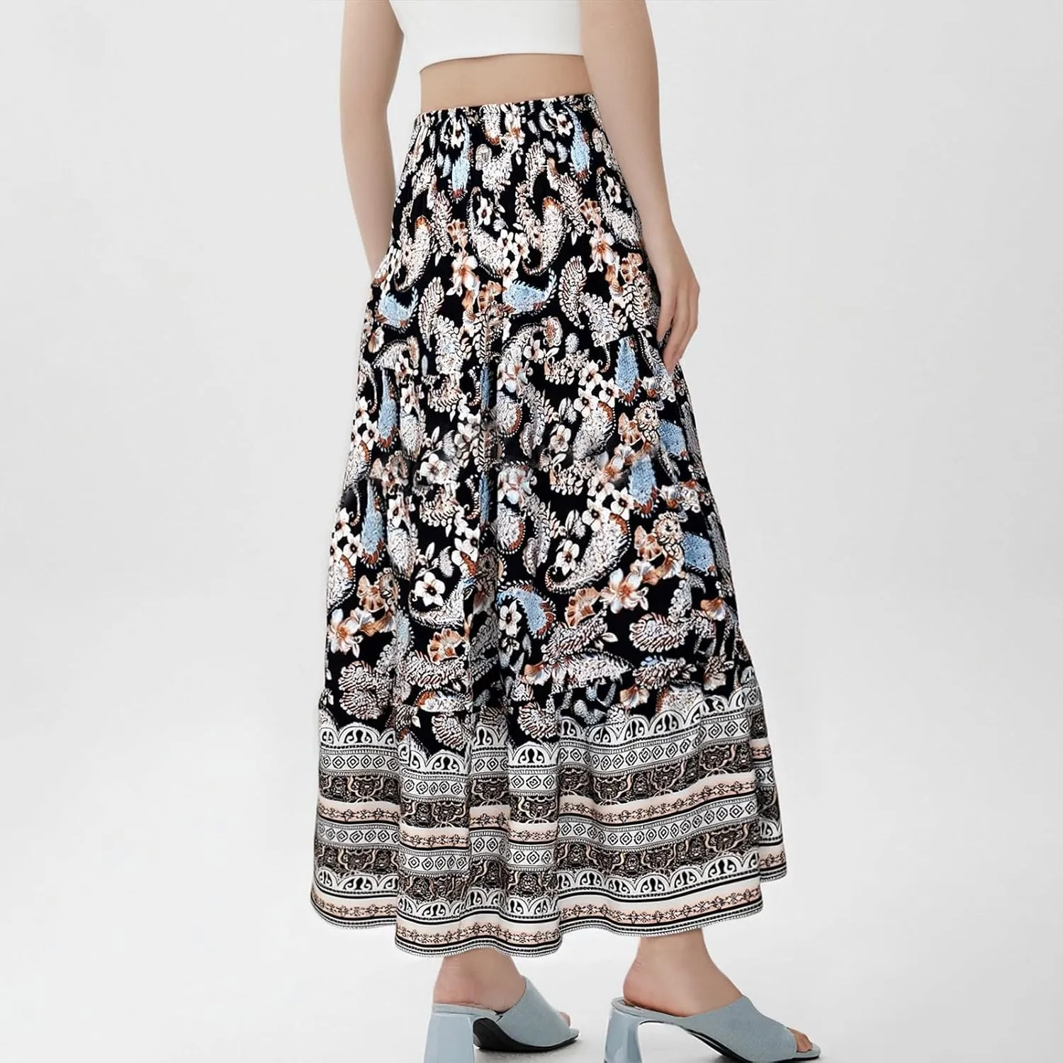 Long Boho Skirts for Women Summer Tiered Floral Maxi Skirt Elastic High Waisted A Line Skirt Pleated Flowy Beach Skirts