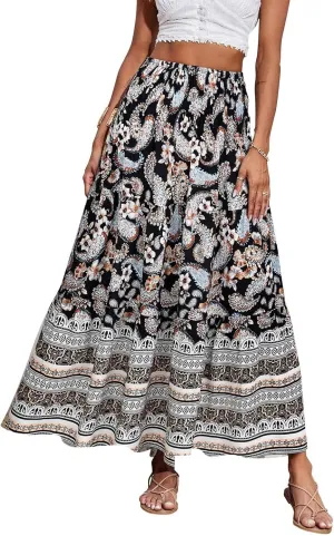 Long Boho Skirts for Women Summer Tiered Floral Maxi Skirt Elastic High Waisted A Line Skirt Pleated Flowy Beach Skirts