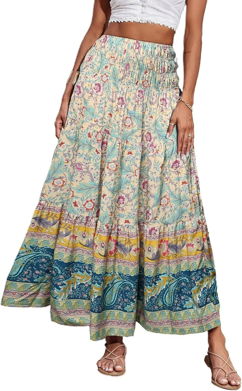 Long Flowy Skirts for Women Floral Boho Maxi Skirt Smocked Elastic High Waisted Skirts Swing A Line Tiered Skirt