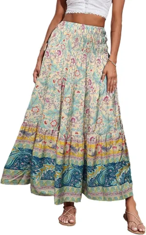 Long Flowy Skirts for Women Floral Boho Maxi Skirt Smocked Elastic High Waisted Skirts Swing A Line Tiered Skirt