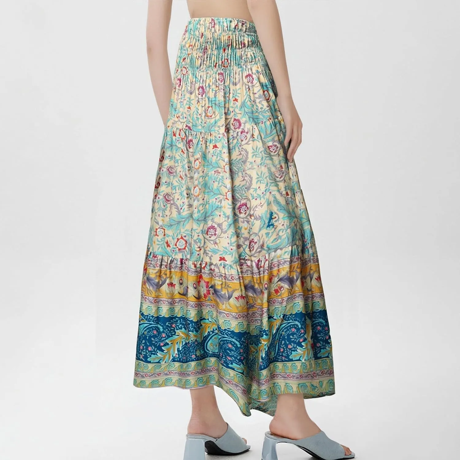 Long Flowy Skirts for Women Floral Boho Maxi Skirt Smocked Elastic High Waisted Skirts Swing A Line Tiered Skirt