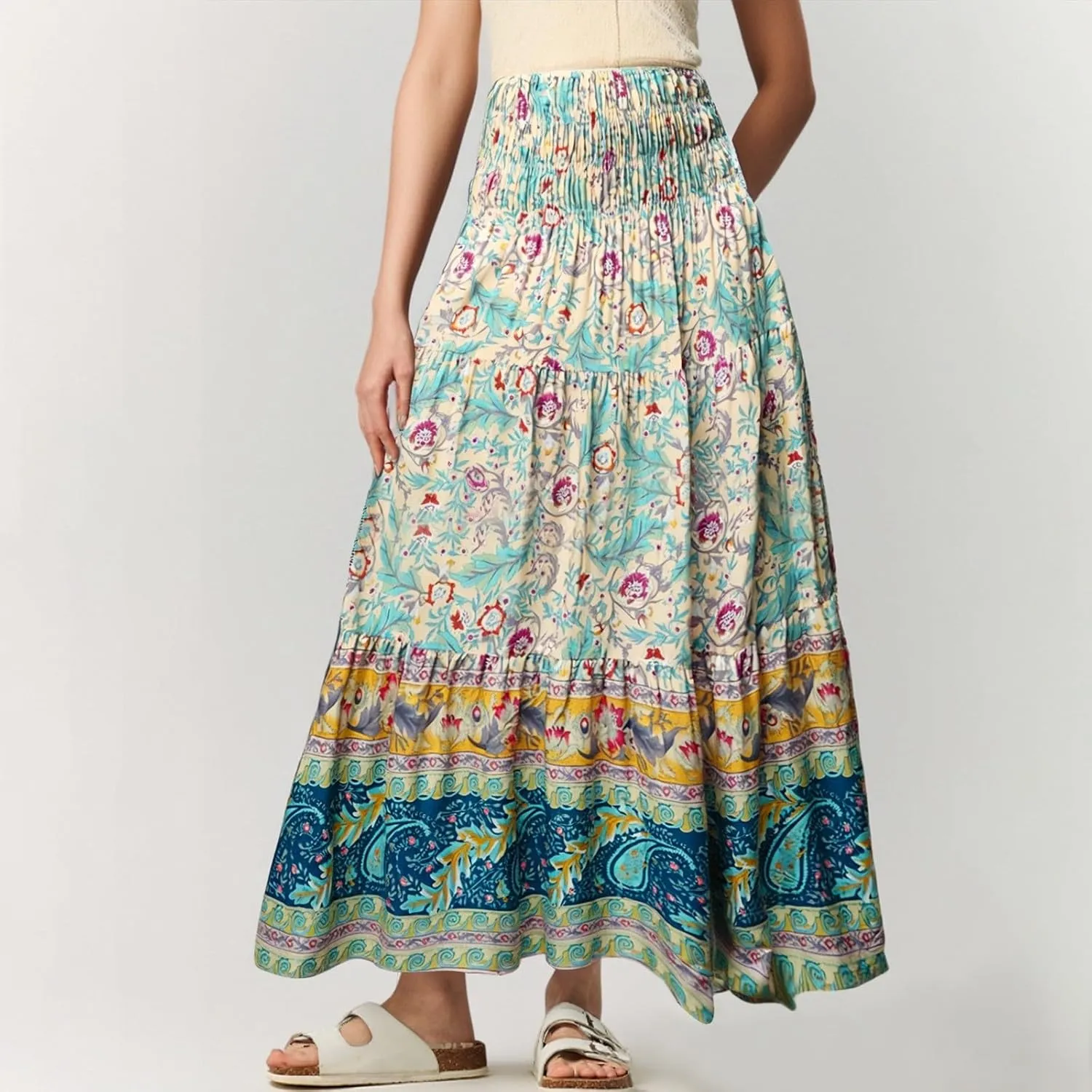 Long Flowy Skirts for Women Floral Boho Maxi Skirt Smocked Elastic High Waisted Skirts Swing A Line Tiered Skirt