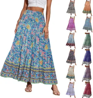 Long Maxi Skirts for Women 2025 Floral Boho Swing Flowy Skirt Smocked High Waisted Skirts Tiered Beach Midi Skirt