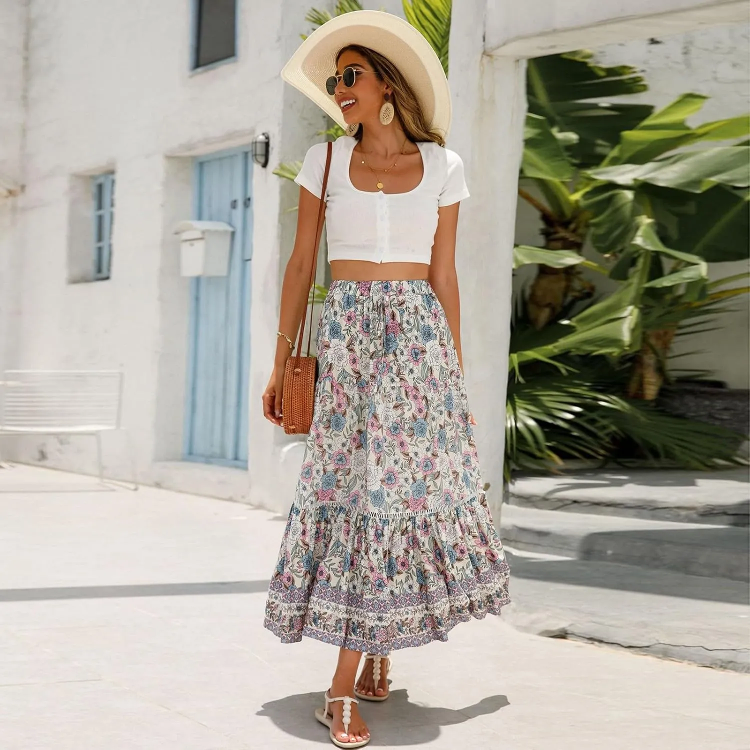 Long Skirts for Women,Beach Vacation Flowy Maxi Skirts 2025 Trendy Elastic Waist Boho Skirt Spring Summer Easter