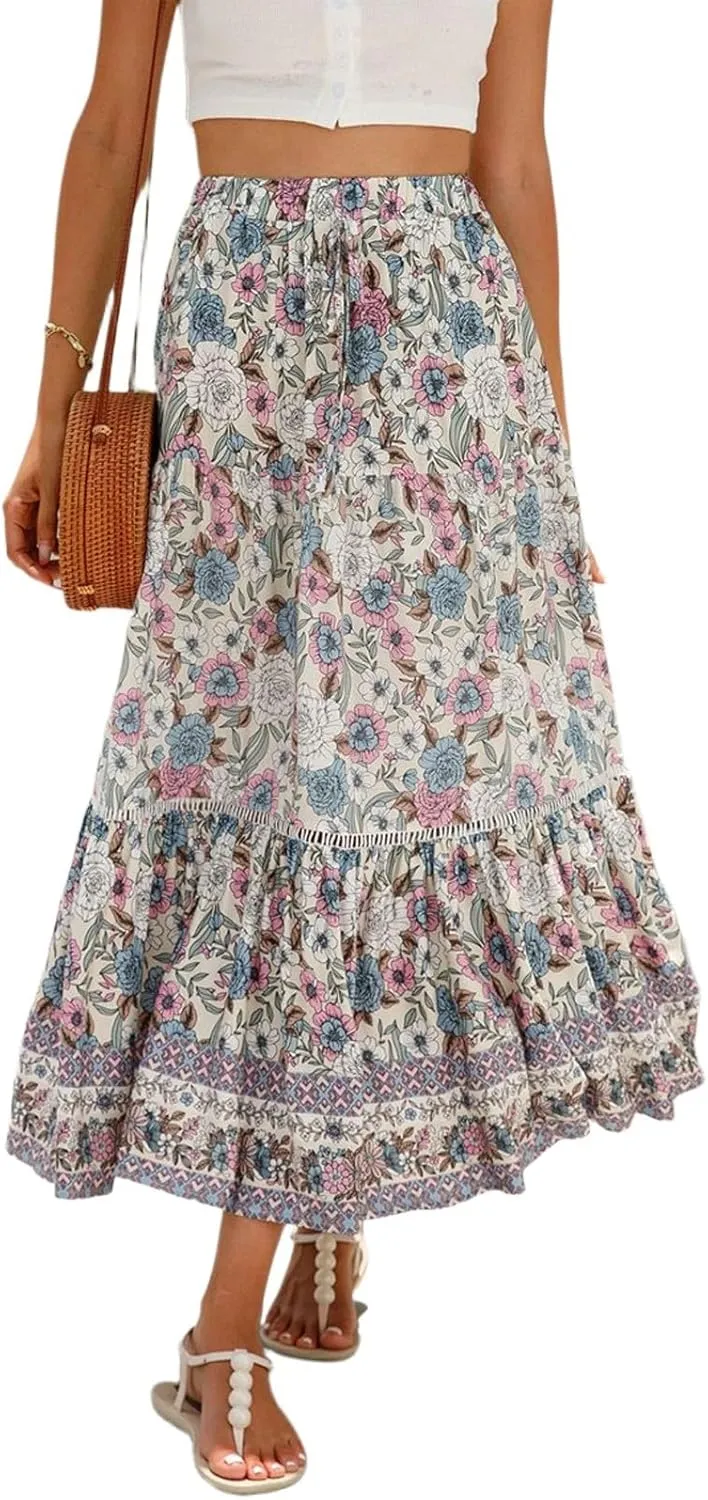Long Skirts for Women,Beach Vacation Flowy Maxi Skirts 2025 Trendy Elastic Waist Boho Skirt Spring Summer Easter