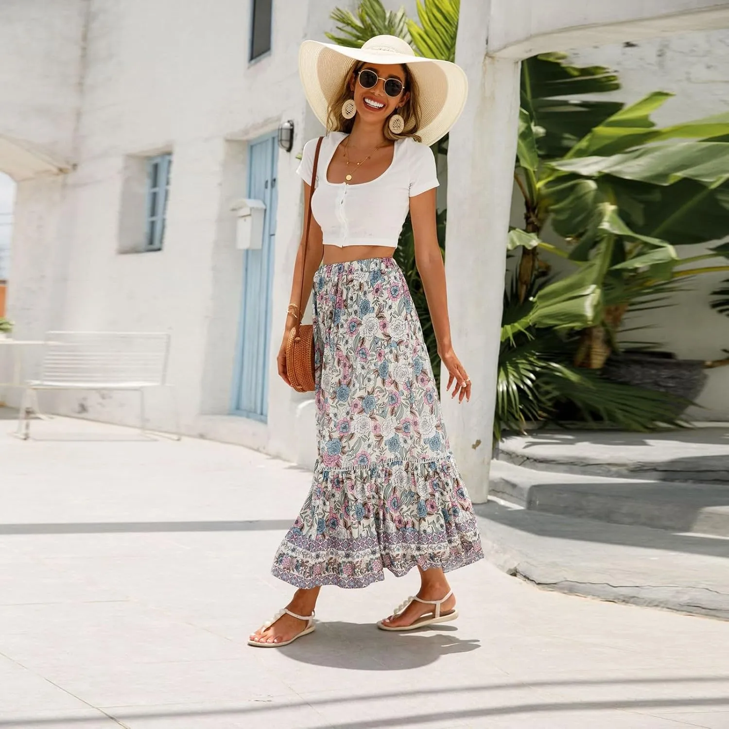 Long Skirts for Women,Beach Vacation Flowy Maxi Skirts 2025 Trendy Elastic Waist Boho Skirt Spring Summer Easter