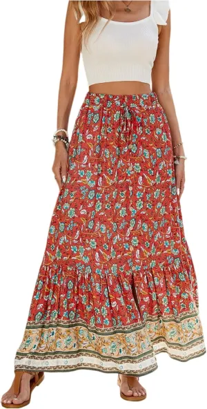 Long Skirts for Women,Beach Vacation Flowy Maxi Skirts 2025 Trendy Elastic Waist Boho Skirt Spring Summer Easter