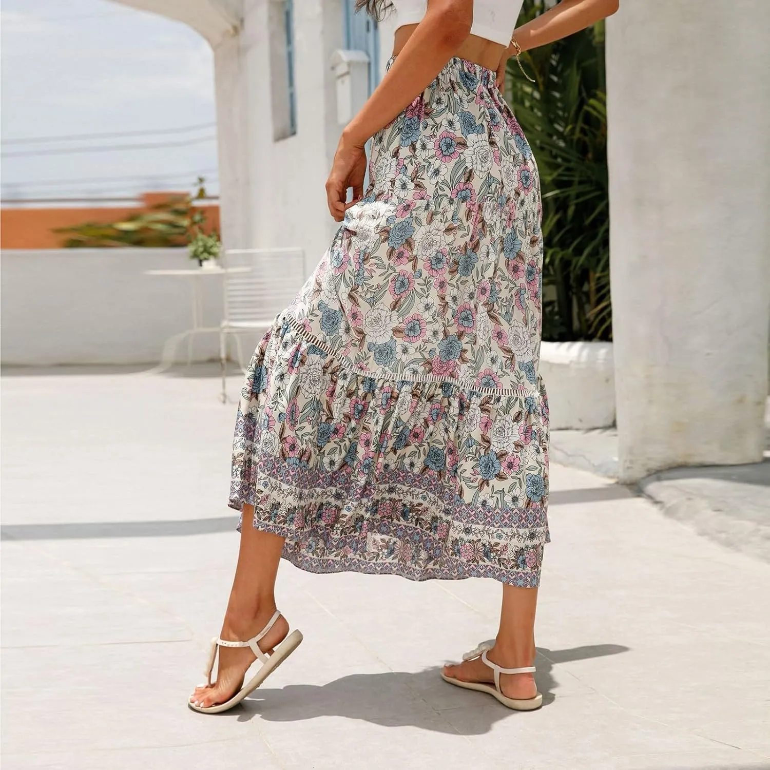 Long Skirts for Women,Beach Vacation Flowy Maxi Skirts 2025 Trendy Elastic Waist Boho Skirt Spring Summer Easter