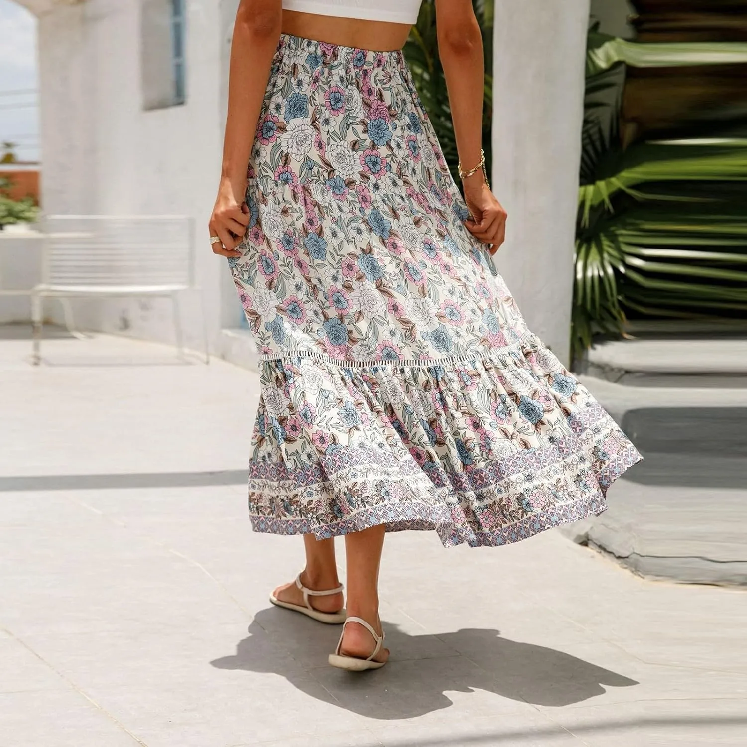 Long Skirts for Women,Beach Vacation Flowy Maxi Skirts 2025 Trendy Elastic Waist Boho Skirt Spring Summer Easter