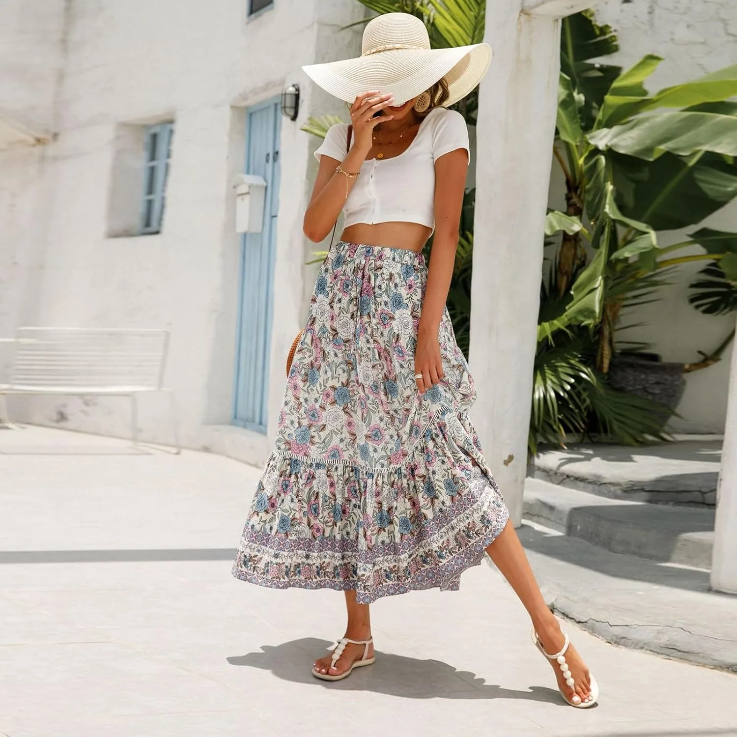 Long Skirts for Women,Beach Vacation Flowy Maxi Skirts 2025 Trendy Elastic Waist Boho Skirt Spring Summer Easter