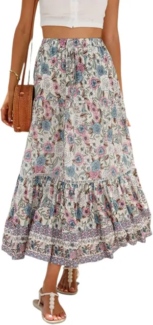 Long Skirts for Women,Beach Vacation Flowy Maxi Skirts 2025 Trendy Elastic Waist Boho Skirt Spring Summer Easter