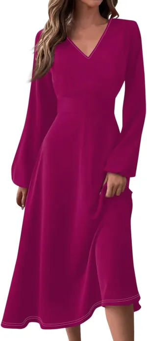 Long Sleeve Dresses for Wedding Guest Women Fall Wrap V Neck Ruffle Belted A-Line Flowy Midi Dresses