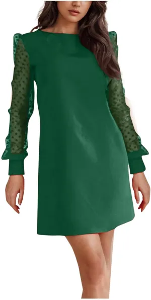 Long Sleeve Dresses for Women 2025 Crewneck Summer Short Dress Loose Fit Shift Dress