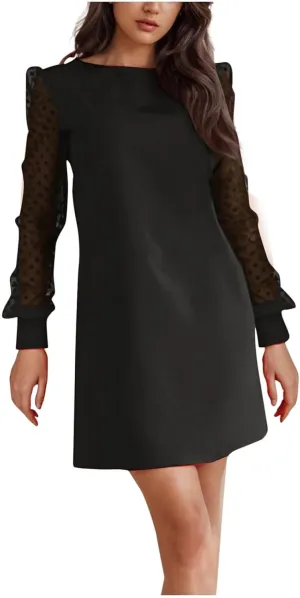 Long Sleeve Dresses for Women 2025 Crewneck Summer Short Dress Loose Fit Shift Dress