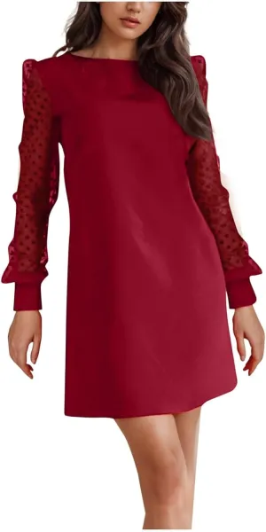 Long Sleeve Dresses for Women 2025 Crewneck Summer Short Dress Loose Fit Shift Dress