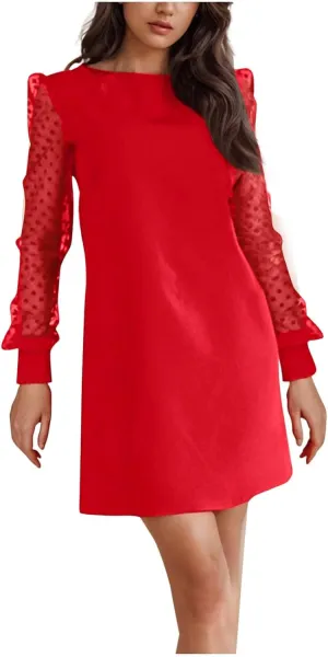 Long Sleeve Dresses for Women 2025 Crewneck Summer Short Dress Loose Fit Shift Dress