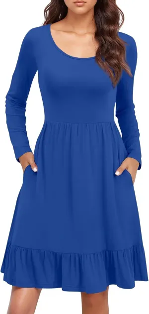 Long Sleeve Dresses for Women 2025 Spring Crewneck A-Line Pleated Swing Dress Solid Color Vacation Party Dresses