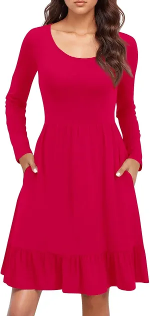 Long Sleeve Dresses for Women 2025 Spring Crewneck A-Line Pleated Swing Dress Solid Color Vacation Party Dresses