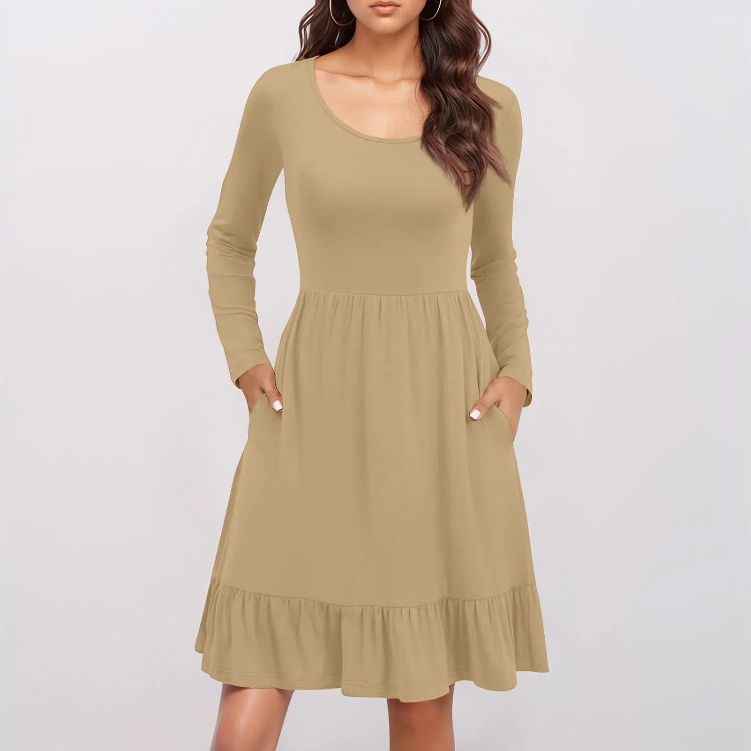 Long Sleeve Dresses for Women 2025 Spring Crewneck A-Line Pleated Swing Dress Solid Color Vacation Party Dresses