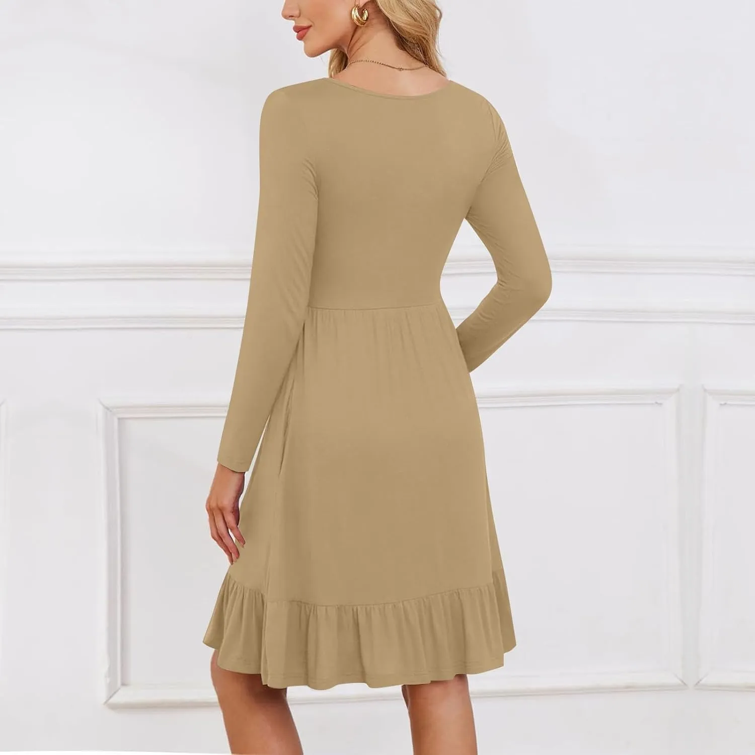 Long Sleeve Dresses for Women 2025 Spring Crewneck A-Line Pleated Swing Dress Solid Color Vacation Party Dresses