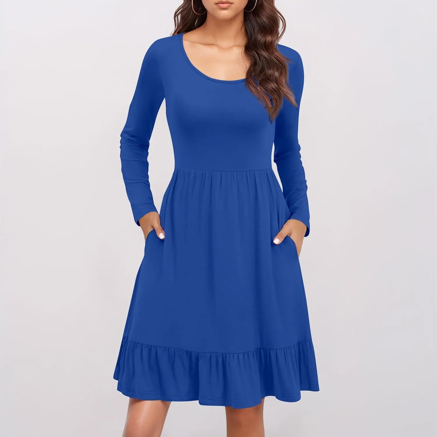 Long Sleeve Dresses for Women 2025 Spring Crewneck A-Line Pleated Swing Dress Solid Color Vacation Party Dresses