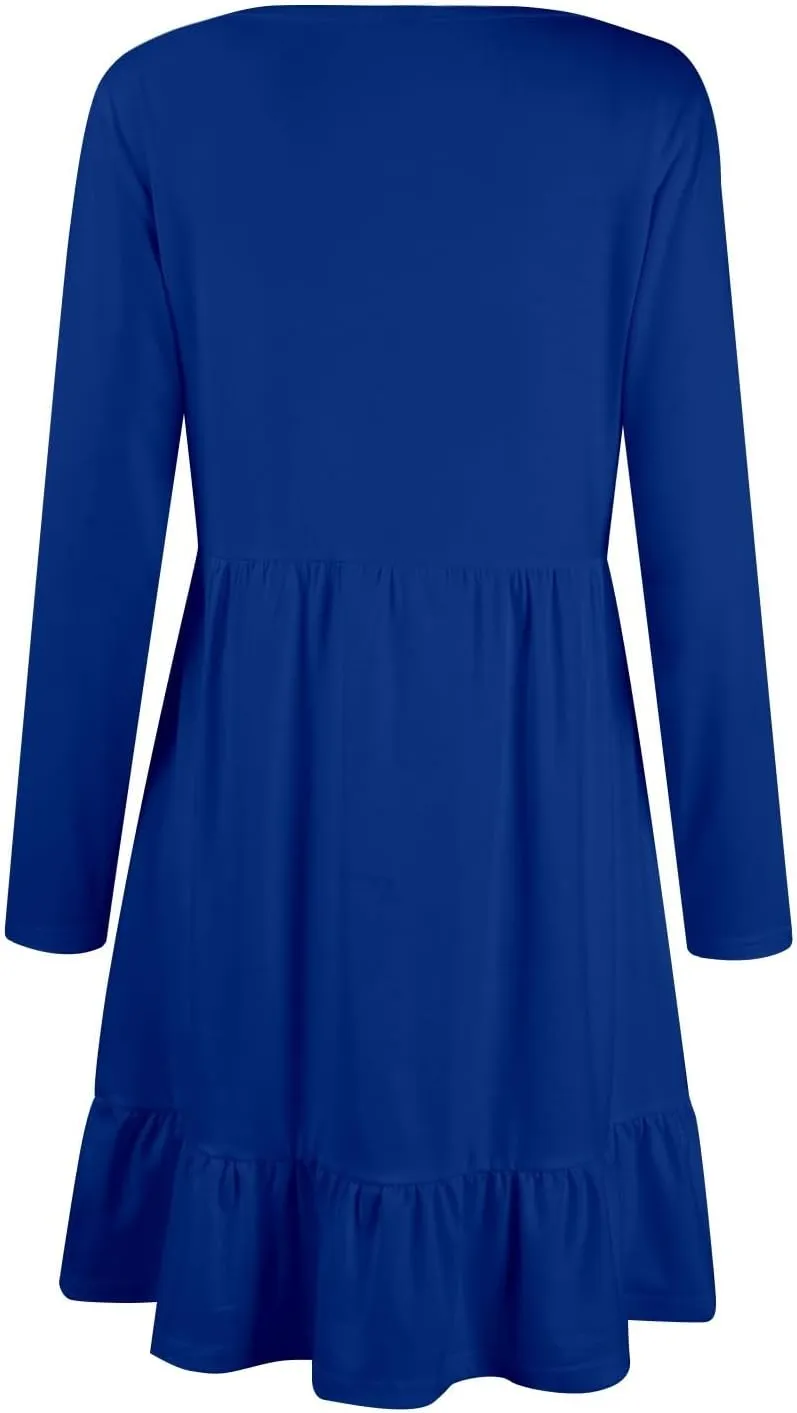 Long Sleeve Dresses for Women 2025 Spring Crewneck A-Line Pleated Swing Dress Solid Color Vacation Party Dresses