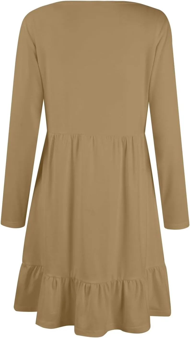 Long Sleeve Dresses for Women 2025 Spring Crewneck A-Line Pleated Swing Dress Solid Color Vacation Party Dresses