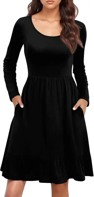 Long Sleeve Dresses for Women 2025 Spring Crewneck A-Line Pleated Swing Dress Solid Color Vacation Party Dresses