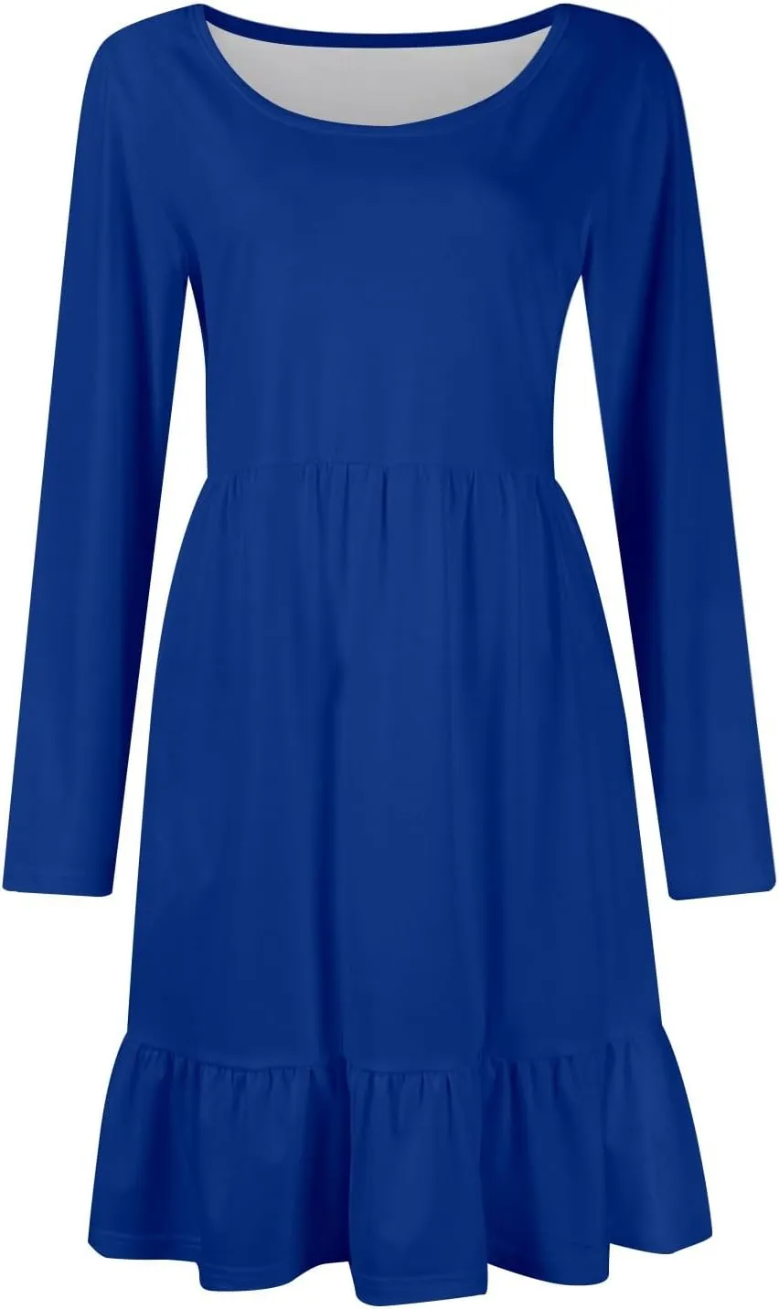 Long Sleeve Dresses for Women 2025 Spring Crewneck A-Line Pleated Swing Dress Solid Color Vacation Party Dresses