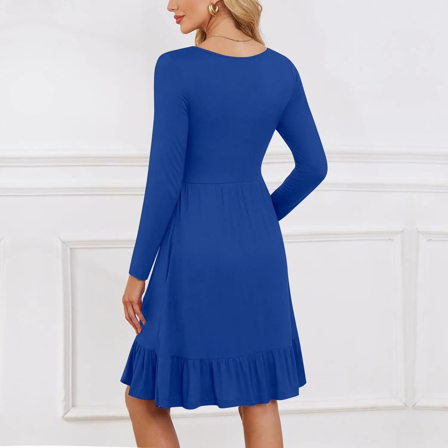 Long Sleeve Dresses for Women 2025 Spring Crewneck A-Line Pleated Swing Dress Solid Color Vacation Party Dresses