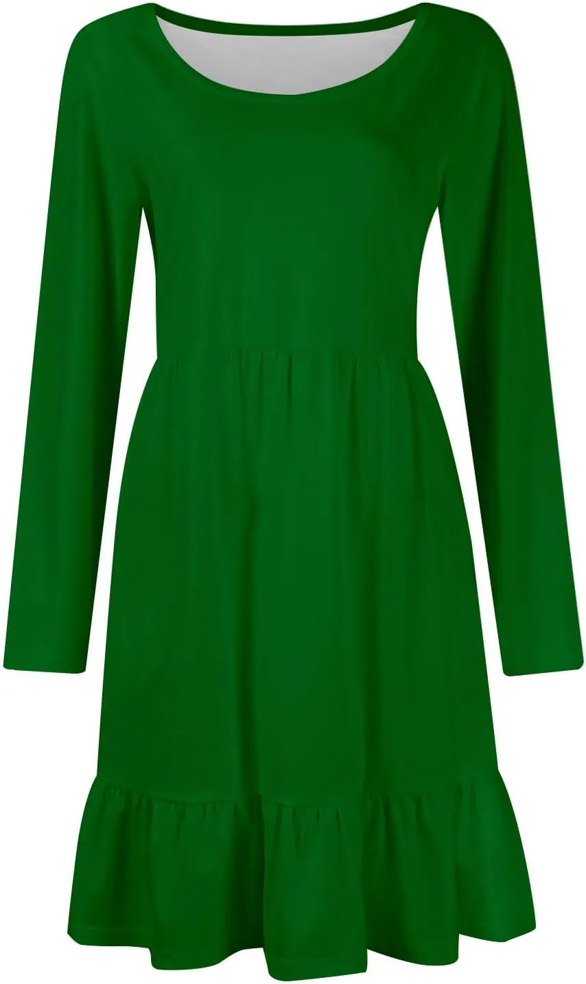 Long Sleeve Dresses for Women 2025 Spring Crewneck A-Line Pleated Swing Dress Solid Color Vacation Party Dresses