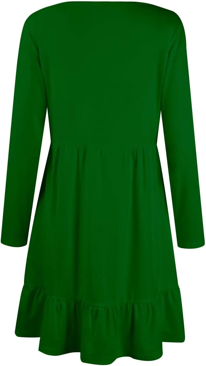 Long Sleeve Dresses for Women 2025 Spring Crewneck A-Line Pleated Swing Dress Solid Color Vacation Party Dresses