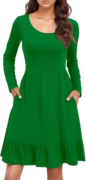 Long Sleeve Dresses for Women 2025 Spring Crewneck A-Line Pleated Swing Dress Solid Color Vacation Party Dresses